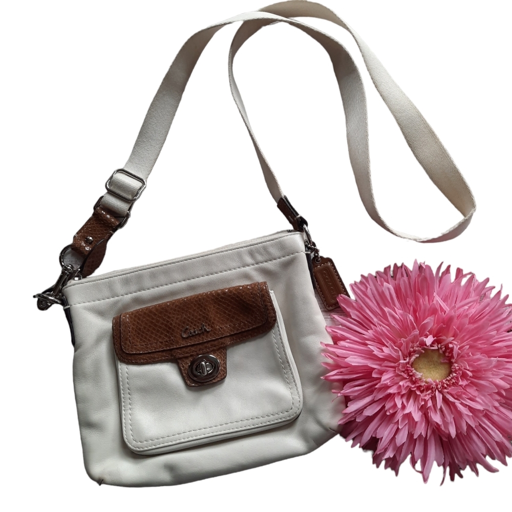 COACH PENELOPE White Brown Snakeskin Trim Leather Crossbody